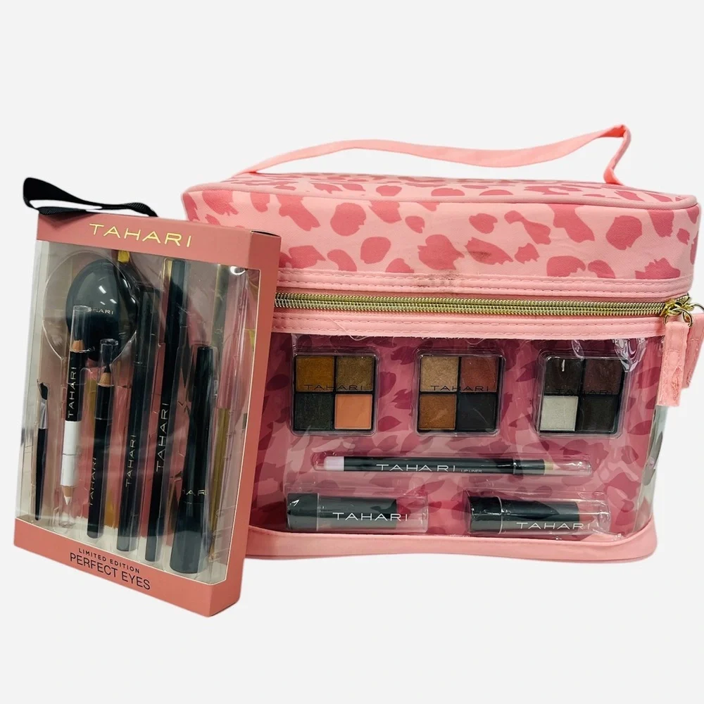 Tahari Train Case With Cosmetics Pink Leopard Print. Gift Included.